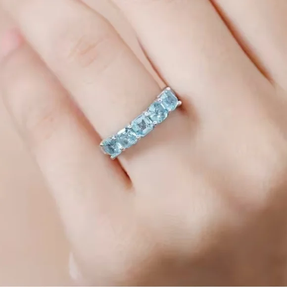 Genuine 5 Stone Apatite Ring Sterling Silver Rhodium Overlay Size 7! New - Picture 7 of 14